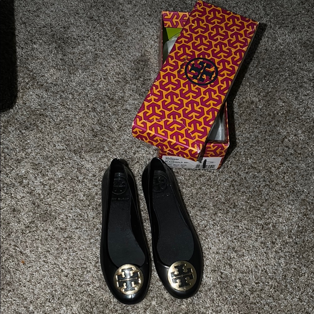 Tory Burch Black and Gold Flats with Logo